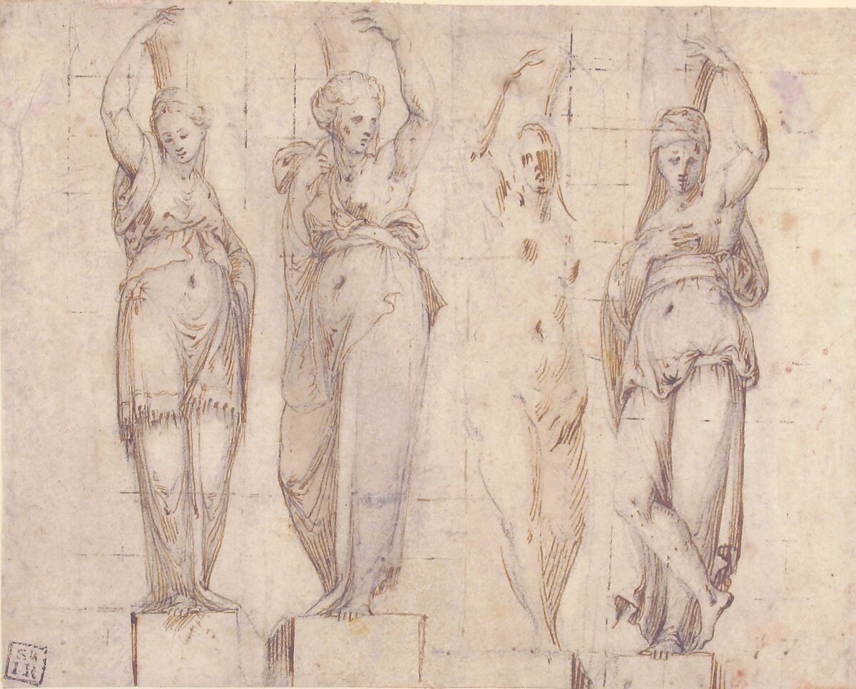 Four Canephori, Carlo Urbino (Italian, Crema ca. 1510/20–after 1585 Crema), Pen and brown ink, over black chalk; squared in pen and brown ink