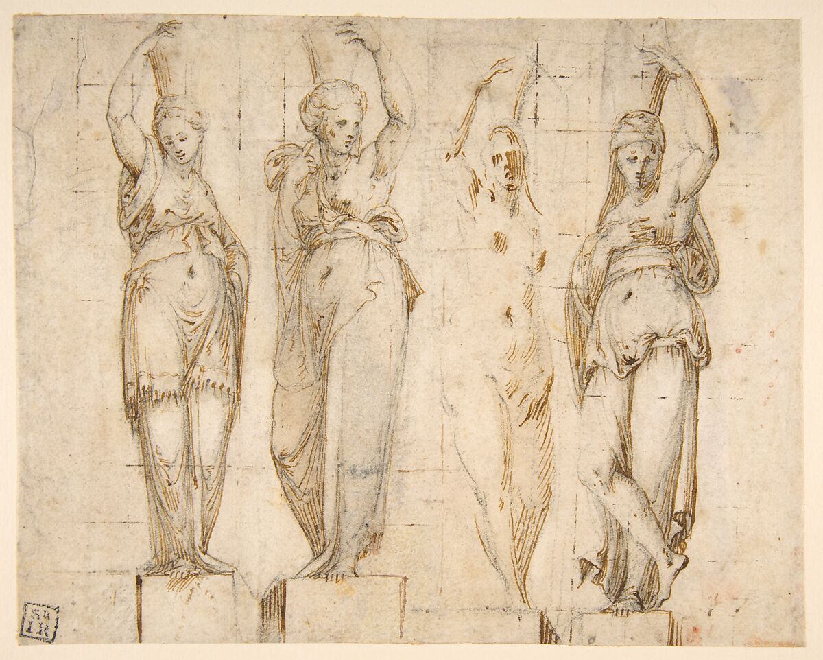Four Canephori, Carlo Urbino (Italian, Crema ca. 1510/20–after 1585 Crema), Pen and brown ink, over black chalk; squared in pen and brown ink 