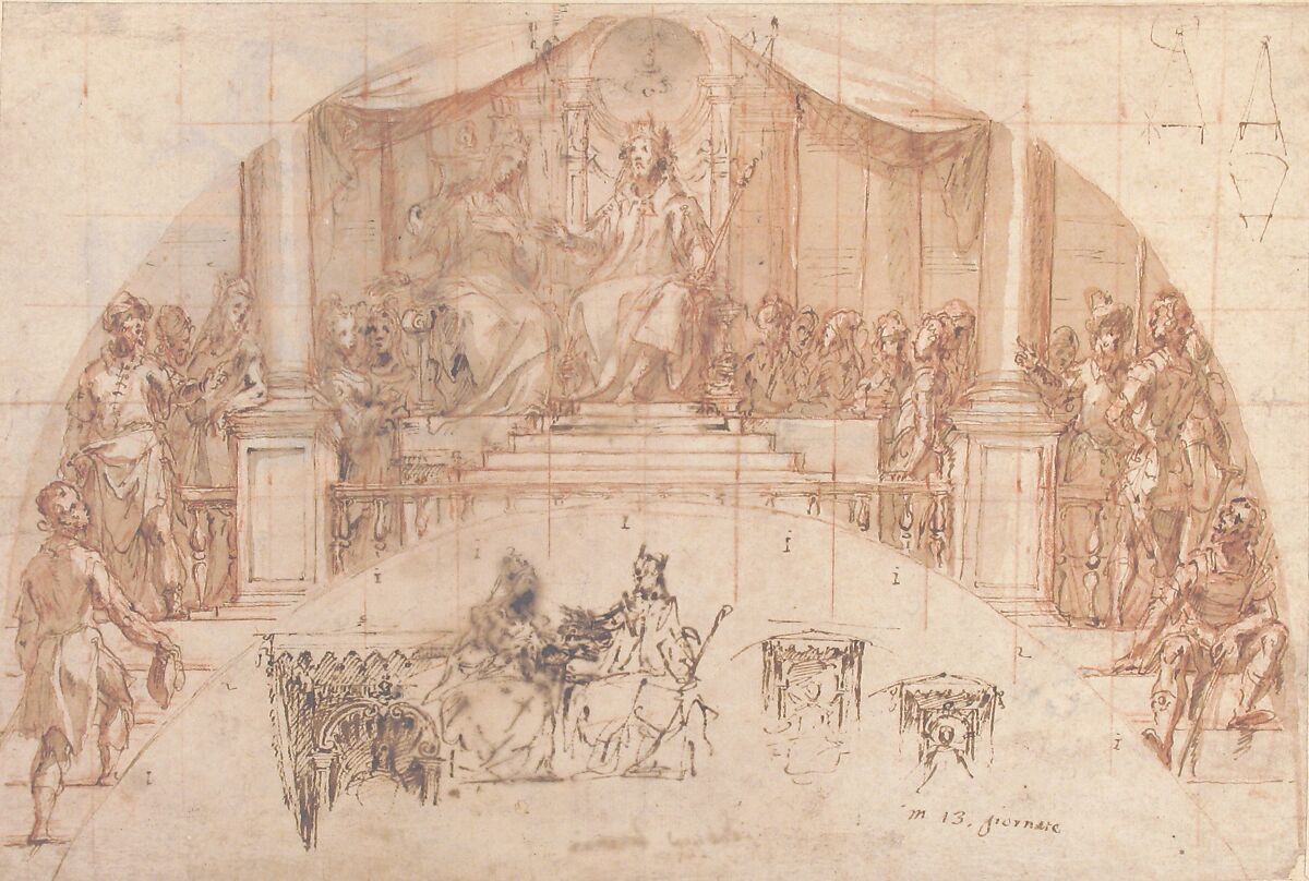 The Coronation of Esther, Carlo Urbino (Italian, Crema ca. 1510/20–after 1585 Crema), Pen and brown ink, over red chalk; squared in red chalk
