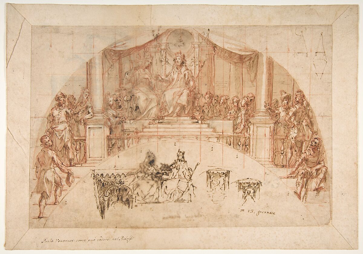 The Coronation of Esther, Carlo Urbino (Italian, Crema ca. 1510/20–after 1585 Crema), Pen and brown ink, over red chalk; squared in red chalk 