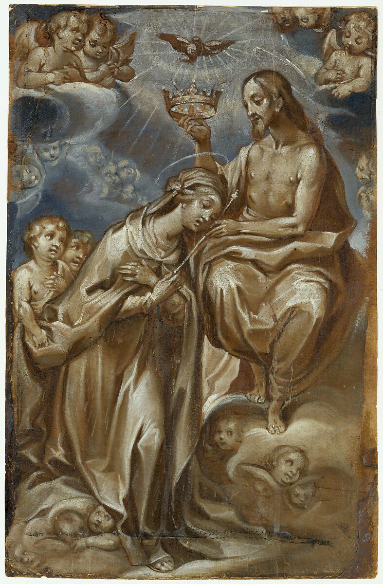 The Coronation of the Virgin, Francesco Vanni (Italian, Siena 1563–1610 Siena), Brown, gray-blue and white tempera on paper