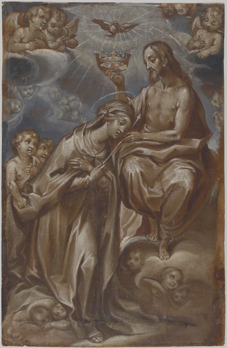 The Coronation of the Virgin, Francesco Vanni (Italian, Siena 1563–1610 Siena), Brown, gray-blue and white tempera on paper