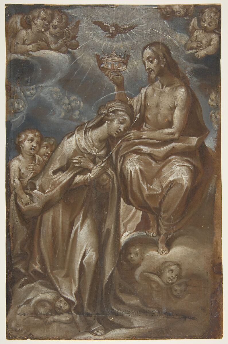 The Coronation of the Virgin, Francesco Vanni (Italian, Siena 1563–1610 Siena), Brown, gray-blue and white tempera on paper 