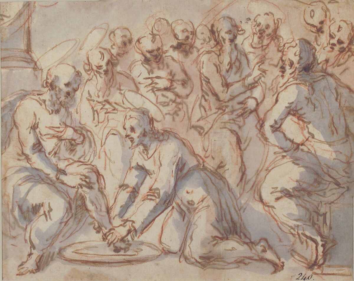Christ Washing the Disciples' Feet, Attributed to Francesco Vanni (Italian, Siena 1563–1610 Siena), Pen and brown ink, wash, over red chalk