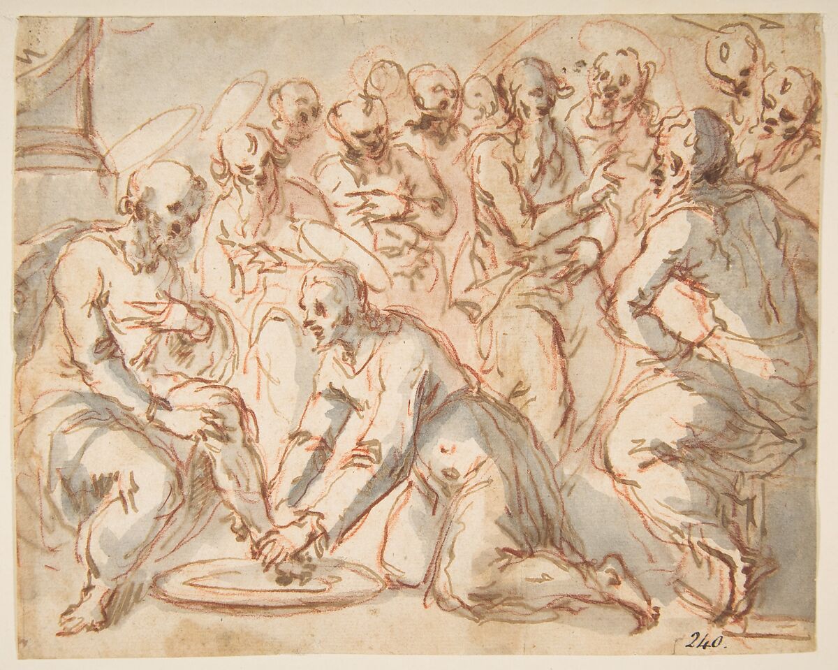 Christ Washing the Disciples' Feet, attributed to Francesco Vanni (Italian, Siena 1563–1610 Siena), Pen and brown ink, wash, over red chalk on paper 