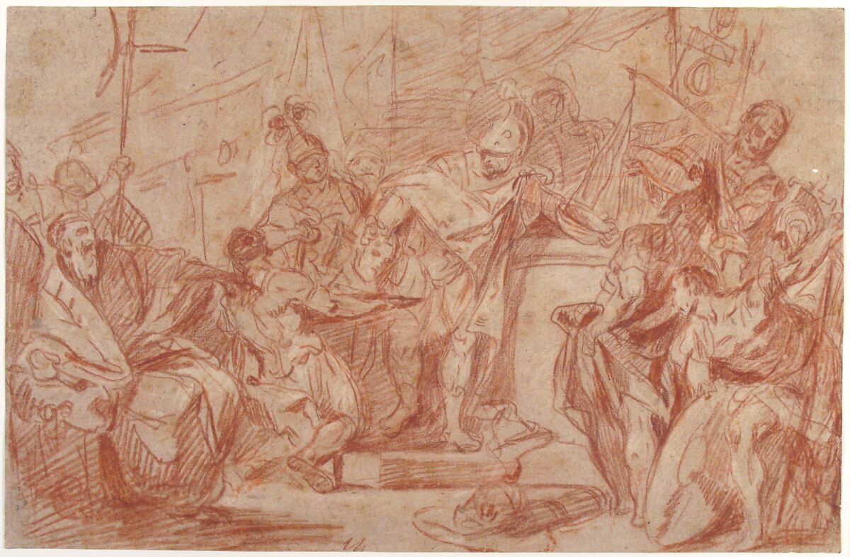 Scene from Ancient History (recto); Leg and Arm of a Nude Male Figure (verso), Nicola Marcola (Italian, Verona 1738–1770 Verona), Red chalk, highlighted with white, on beige paper (recto); red chalk, stumped (verso)