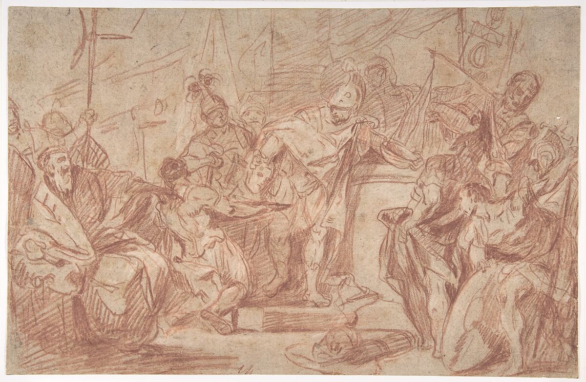 Scene from Ancient History (recto); Leg and Arm of a Nude Male Figure (verso), Nicola Marcola (Italian, Verona 1738–1770 Verona), Red chalk, highlighted with white, on beige paper (recto); red chalk, stumped (verso) 