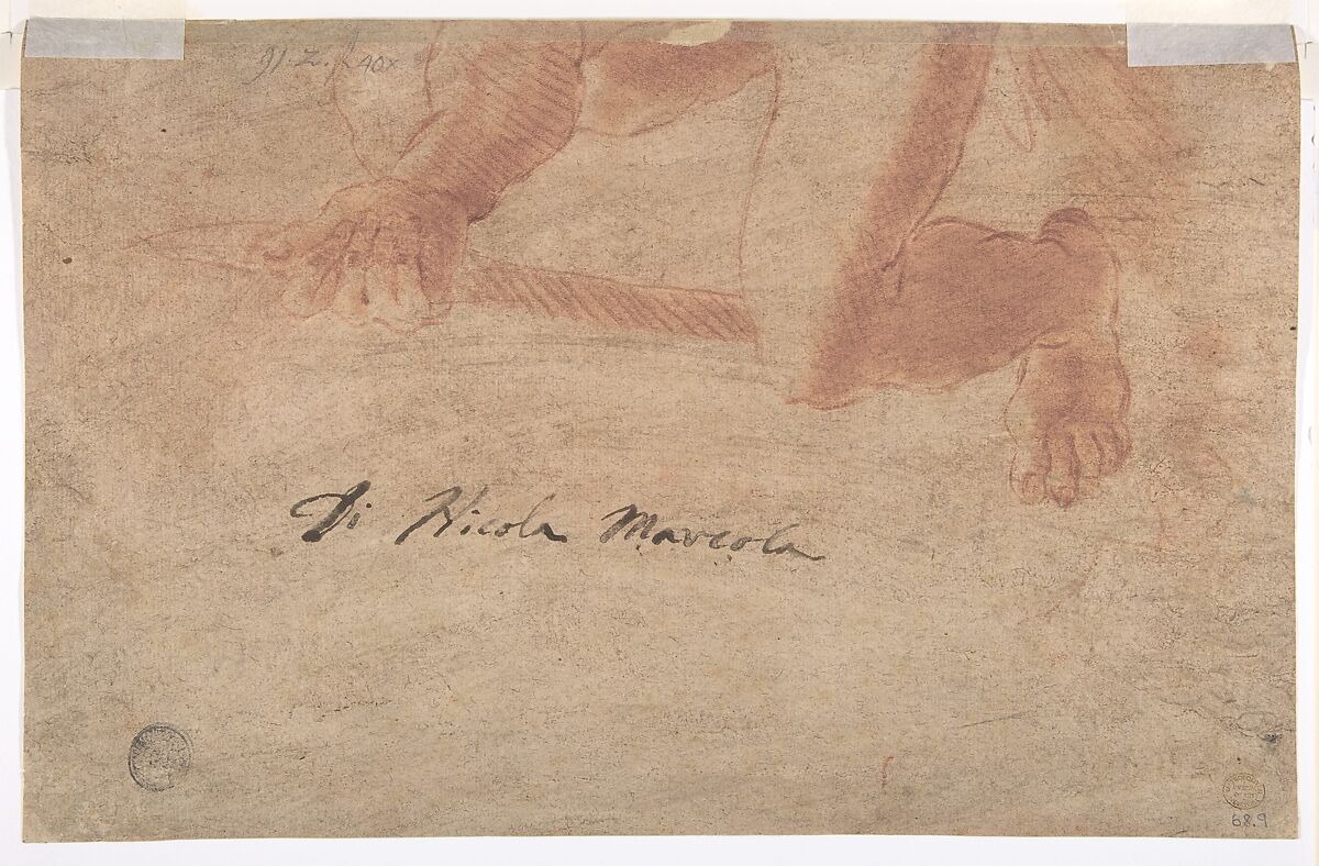 Scene from Ancient History (recto); Leg and Arm of a Nude Male Figure (verso), Nicola Marcola (Italian, Verona 1738–1770 Verona), Red chalk, highlighted with white, on beige paper (recto); red chalk, stumped (verso)