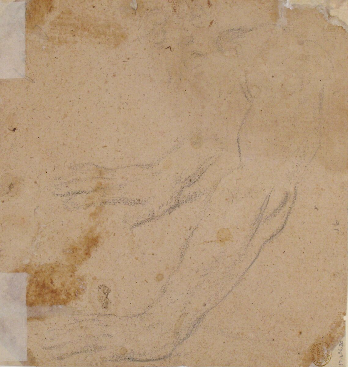 Head of a Man Wearing a Helmet, Looking to Upper Left (recto); Two Sketches, Arms and Hands (verso), Francesco di Maria (Italian, Naples 1623–1690 Naples), Red chalk, highlighted with a little white (recto); black chalk studies of arms (verso)