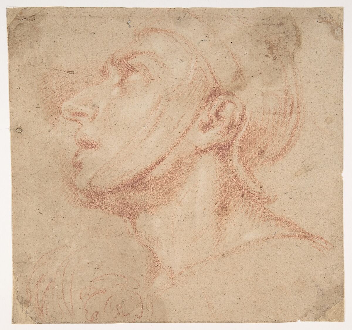 Head of a Man Wearing a Helmet, Looking to Upper Left (recto); Two Sketches, Arms and Hands (verso), Francesco di Maria (Italian, Naples 1623–1690 Naples), Red chalk, highlighted with a little white (recto); black chalk studies of arms (verso) 