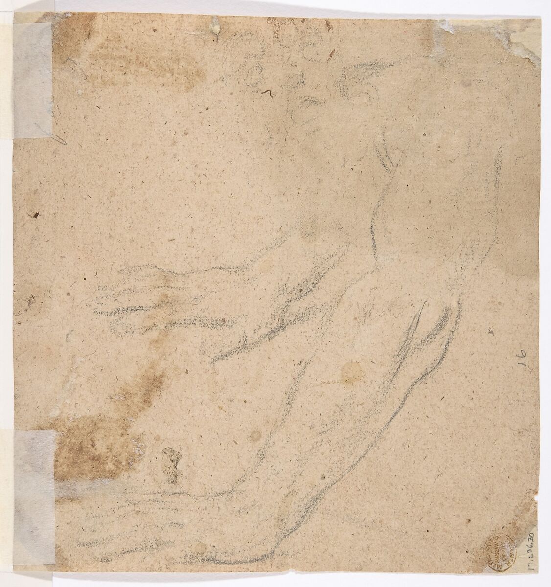 Head of a Man Wearing a Helmet, Looking to Upper Left (recto); Two Sketches, Arms and Hands (verso), Francesco di Maria (Italian, Naples 1623–1690 Naples), Red chalk, highlighted with a little white (recto); black chalk studies of arms (verso)