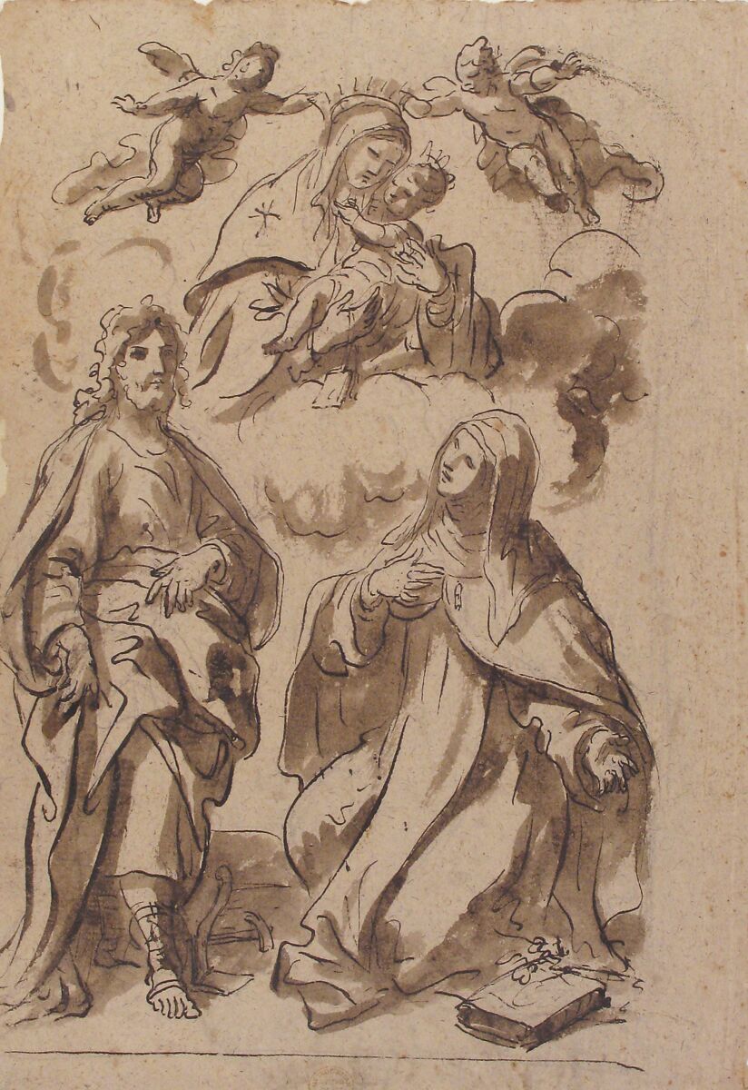 A Male and a Female Saint (Joseph of Aramathea? and Saint Catherine of Siena? Adoring the Virgin and Child in Glory (recto); Minerva Bellona with a Victorious Warrior (verso), Francesco di Maria (Italian, Naples 1623–1690 Naples), Pen and brown ink, brush and brown wash over black chalk on light brown paper (recto); verso pen and brown ink, brush and brown wash over black chalk highlighted with white