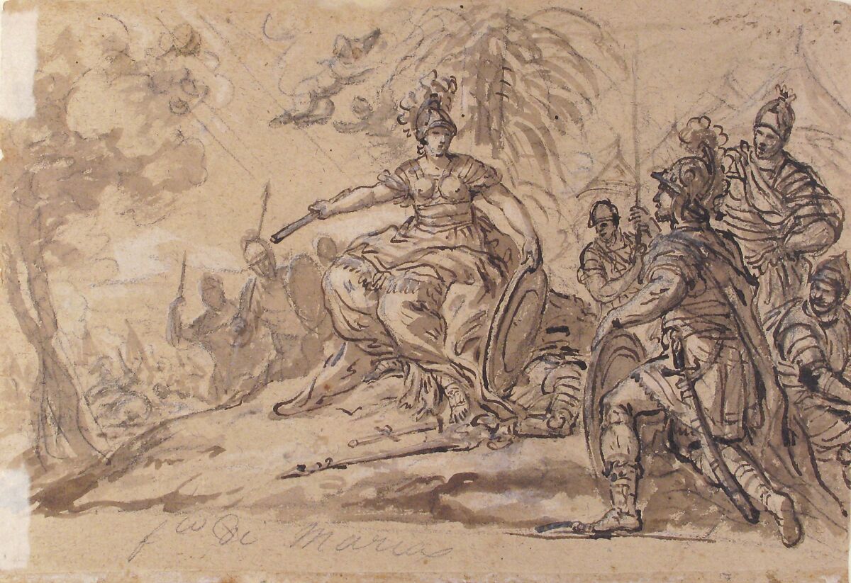 A Male and a Female Saint (Joseph of Aramathea? and Saint Catherine of Siena? Adoring the Virgin and Child in Glory (recto); Minerva Bellona with a Victorious Warrior (verso), Francesco di Maria (Italian, Naples 1623–1690 Naples), Pen and brown ink, brush and brown wash over black chalk on light brown paper (recto); verso pen and brown ink, brush and brown wash over black chalk highlighted with white