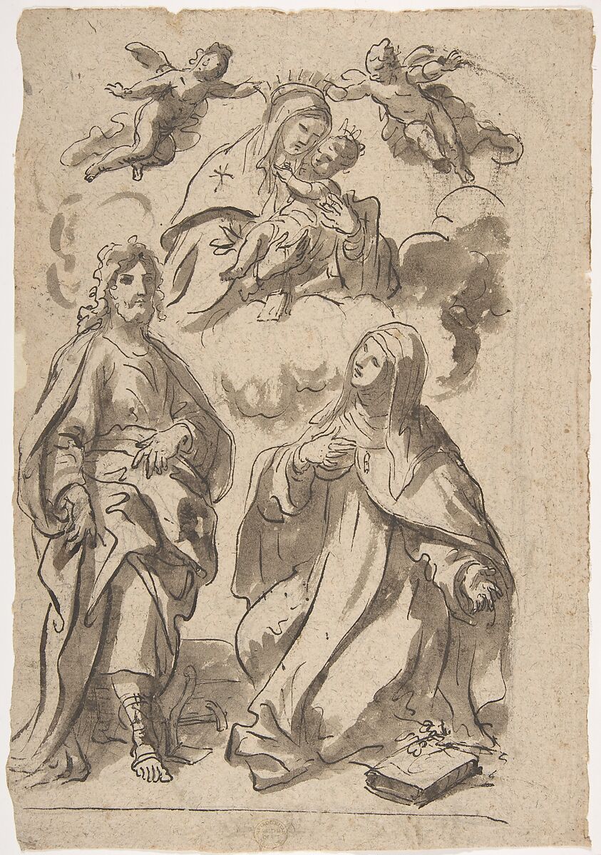 A Male and a Female Saint (Joseph of Aramathea? and Saint Catherine of Siena? Adoring the Virgin and Child in Glory (recto); Minerva Bellona with a Victorious Warrior (verso), Francesco di Maria (Italian, Naples 1623–1690 Naples), Pen and brown ink, brush and brown wash over black chalk on light brown paper (recto); verso pen and brown ink, brush and brown wash over black chalk highlighted with white 