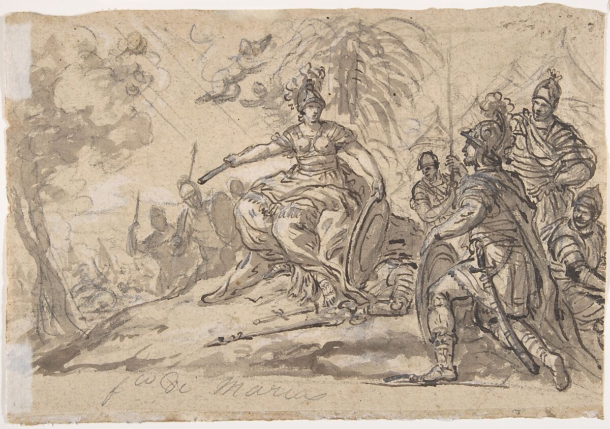 A Male and a Female Saint (Joseph of Aramathea? and Saint Catherine of Siena? Adoring the Virgin and Child in Glory (recto); Minerva Bellona with a Victorious Warrior (verso), Francesco di Maria (Italian, Naples 1623–1690 Naples), Pen and brown ink, brush and brown wash over black chalk on light brown paper (recto); verso pen and brown ink, brush and brown wash over black chalk highlighted with white