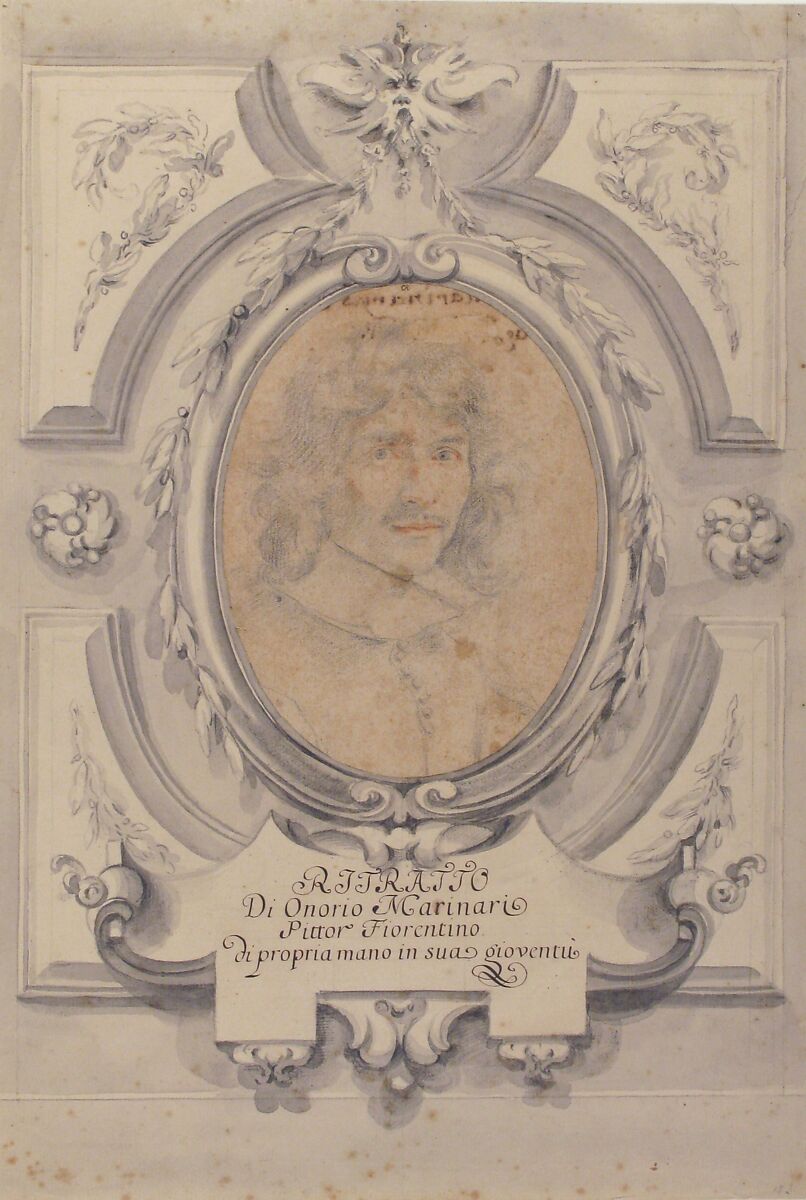 Self-Portrait, Onorio Marinari (Italian, Florence 1627–1715 Florence), Black and red chalk on beige paper (the oval portrait); brush and gray wash over black chalk (the drawn frame)
