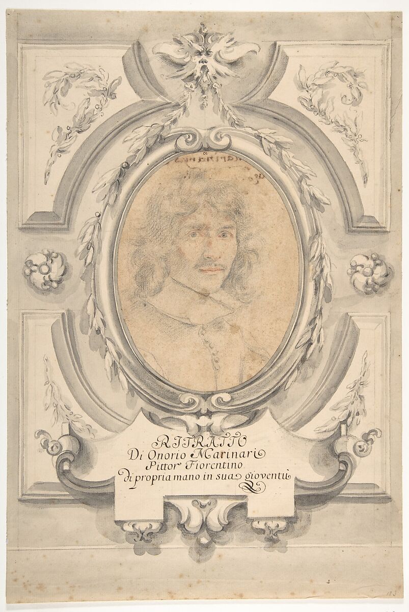 Self-Portrait, Onorio Marinari (Italian, Florence 1627–1715 Florence), Black and red chalk on beige paper (the oval portrait); brush and gray wash over black chalk (the drawn frame)