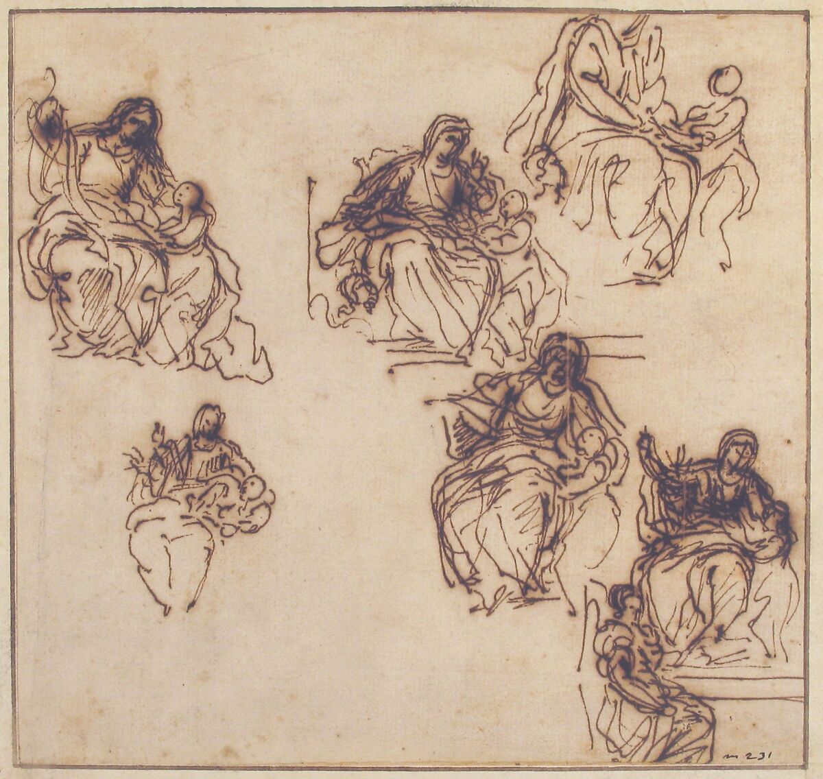 Studies for the Education of the Virgin, Agostino Masucci (Italian, Rome 1692–1768 Rome), Pen and brown ink
