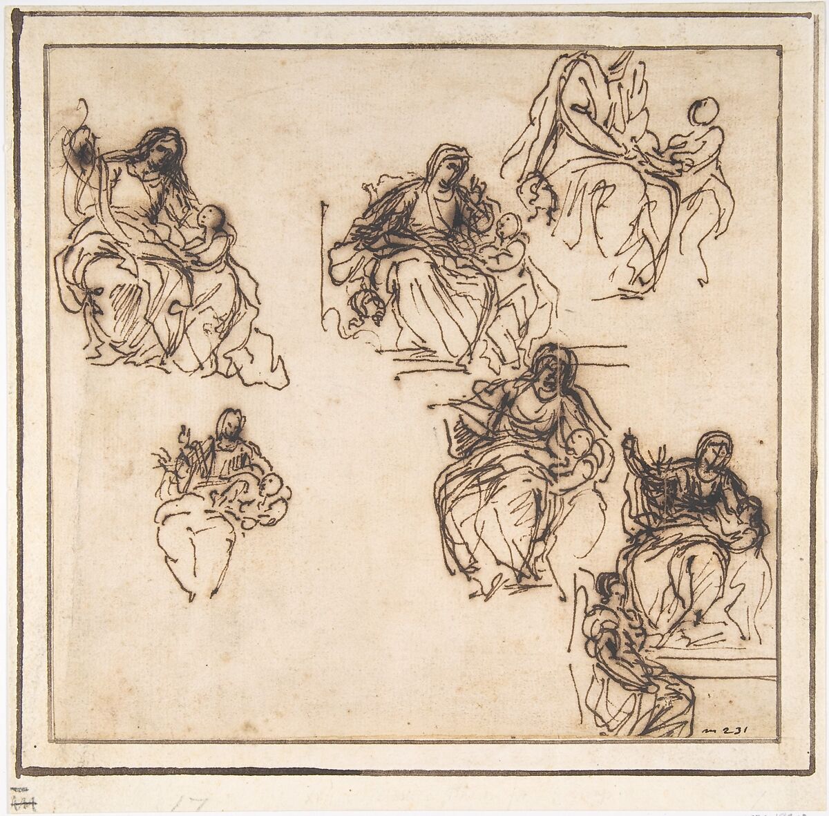 Studies for the Education of the Virgin, Agostino Masucci (Italian, Rome 1692–1768 Rome), Pen and brown ink 