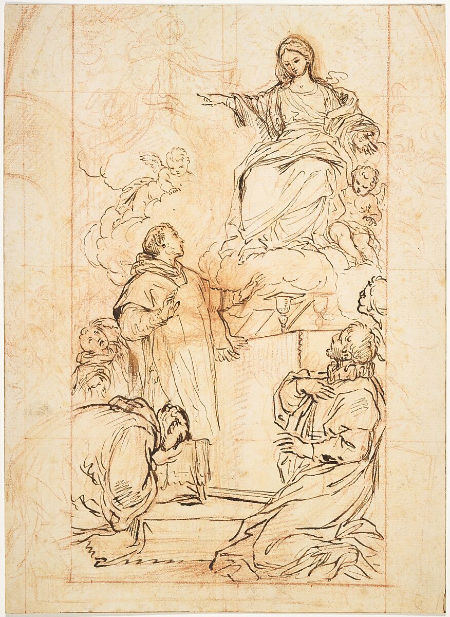 The Virgin Appearing at Mass, Agostino Masucci (Italian, Rome 1692–1768 Rome), Red chalk, pen and brown ink. Squared in red chalk; framing lines in pen and brown ink