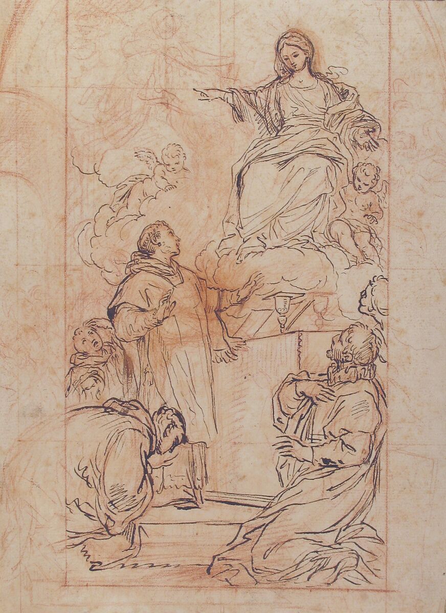 The Virgin Appearing at Mass, Agostino Masucci (Italian, Rome 1692–1768 Rome), Red chalk, pen and brown ink. Squared in red chalk; framing lines in pen and brown ink