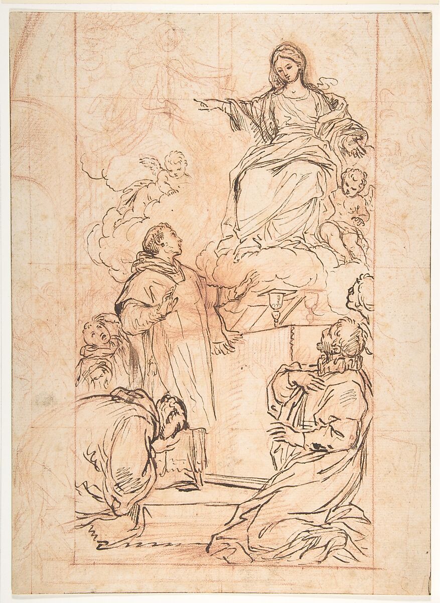 The Virgin Appearing at Mass, Agostino Masucci (Italian, Rome 1692–1768 Rome), Red chalk, pen and brown ink. Squared in red chalk; framing lines in pen and brown ink 