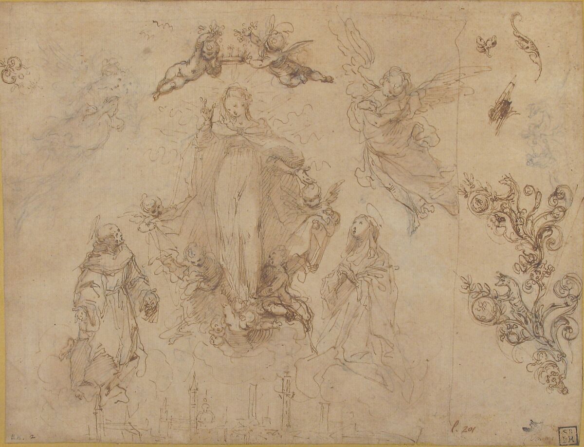 The Virgin Protectress of the City of Siena, Francesco Vanni (Italian, Siena 1563–1610 Siena), Pen and brown ink, brush and brown wash, over black chalk, on light brown paper