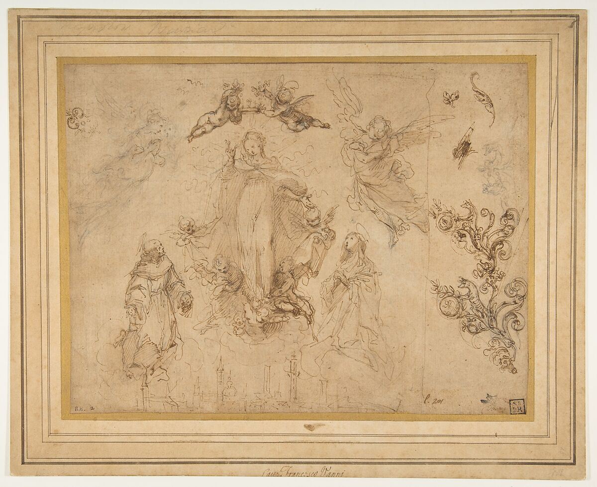 The Virgin Protectress of the City of Siena, Francesco Vanni (Italian, Siena 1563–1610 Siena), Pen and brown ink, brush and brown wash, over black chalk, on light brown paper