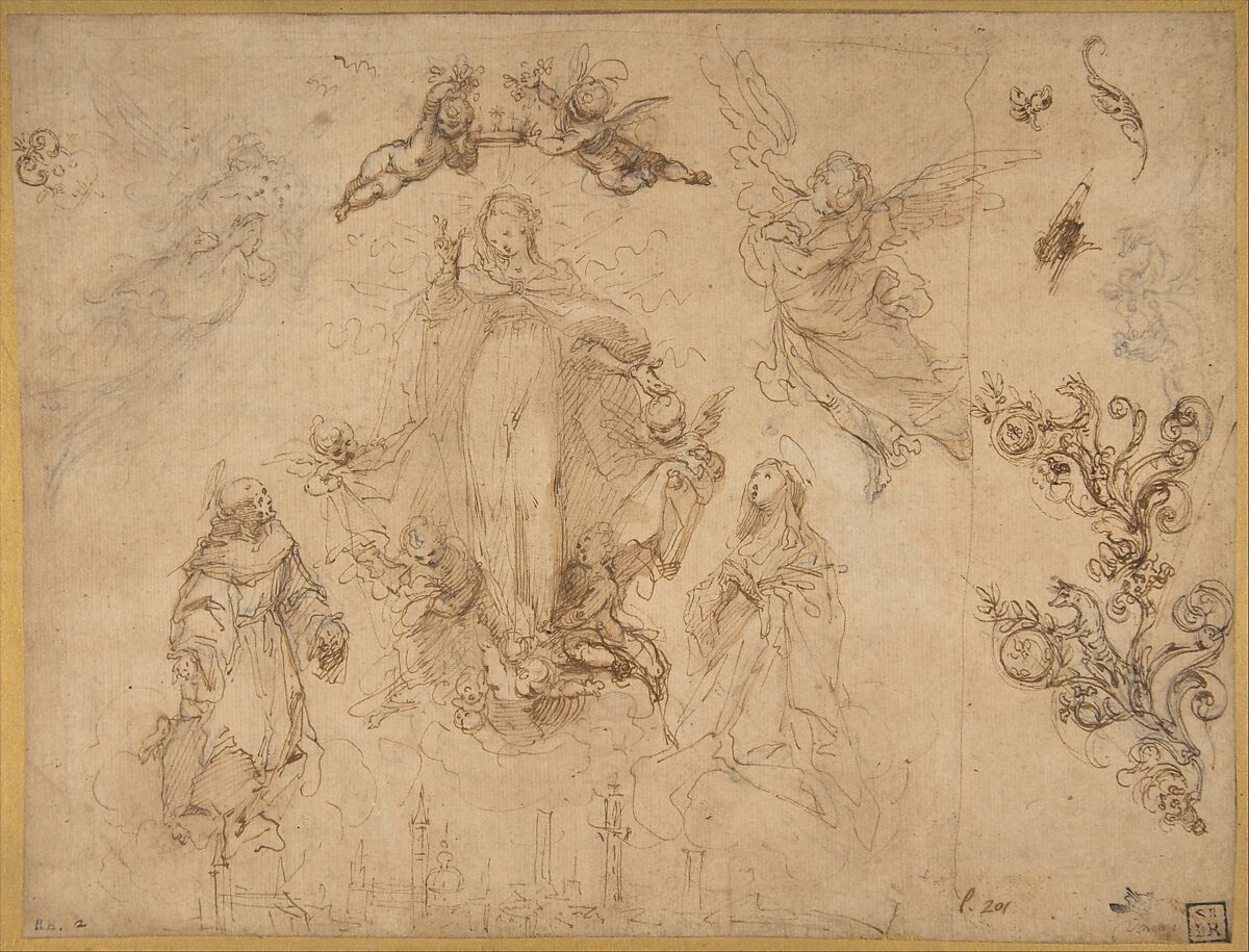 The Virgin Protectress of the City of Siena, Francesco Vanni (Italian, Siena 1563–1610 Siena), Pen and brown ink, brush and brown wash, over black chalk, on light brown paper 