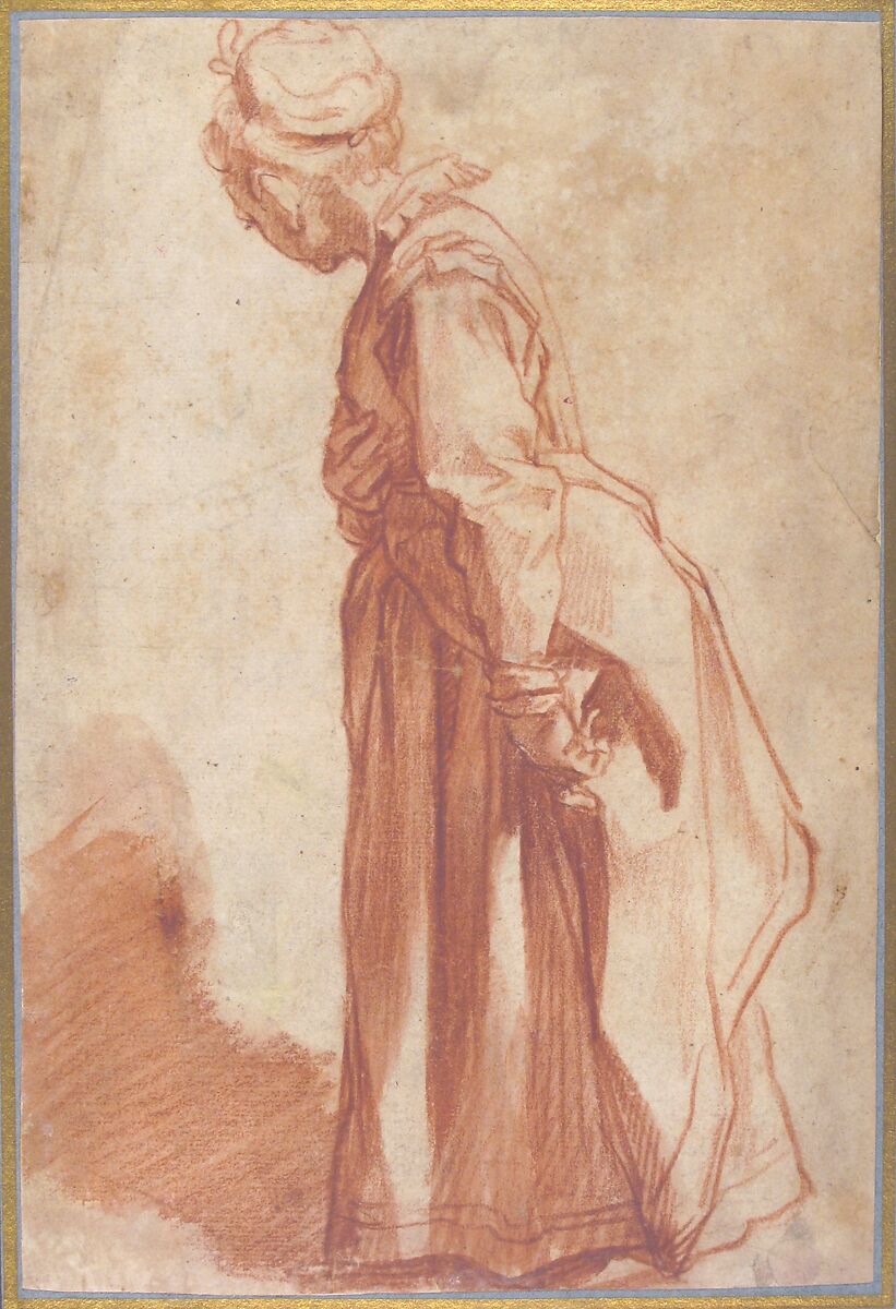 Standing Woman Looking to Left Background, Francesco Vanni (Italian, Siena 1563–1610 Siena), Red chalk and brush and red wash with stumping