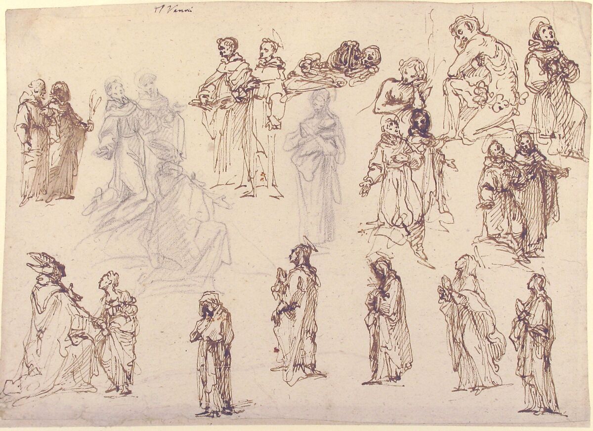 Figure Studies: Standing and Kneeling Clerics and Religious, Adam and Eve, and a Reclining Skeleton, Francesco Vanni (Italian, Siena 1563–1610 Siena), Pen and brown ink, brush and brown wash, black chalk