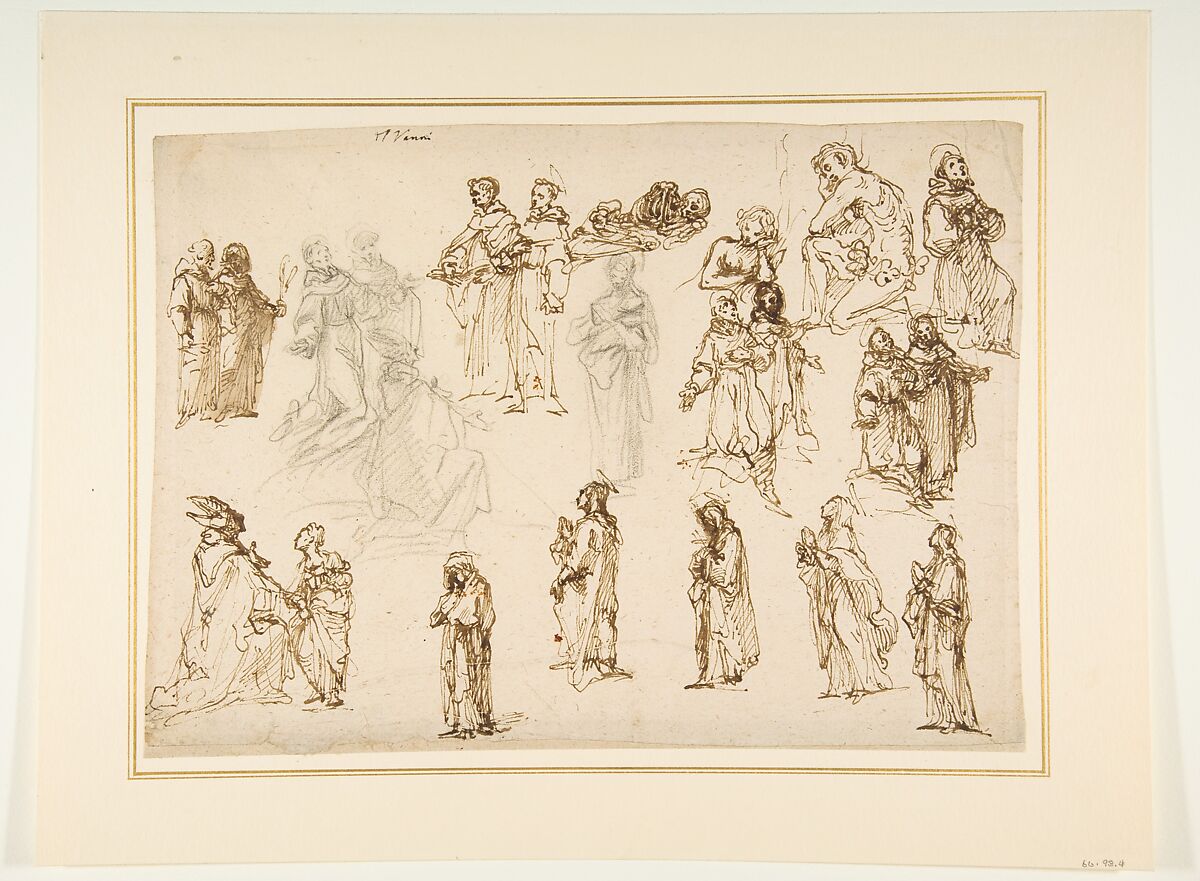 Figure Studies: Standing and Kneeling Clerics and Religious, Adam and Eve, and a Reclining Skeleton, Francesco Vanni (Italian, Siena 1563–1610 Siena), Pen and brown ink, brush and brown wash, black chalk