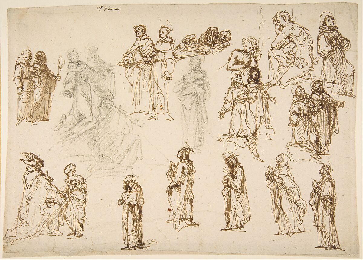 Figure Studies: Standing and Kneeling Clerics and Religious, Adam and Eve, and a Reclining Skeleton, Francesco Vanni (Italian, Siena 1563–1610 Siena), Pen and brown ink, brush and brown wash, black chalk 