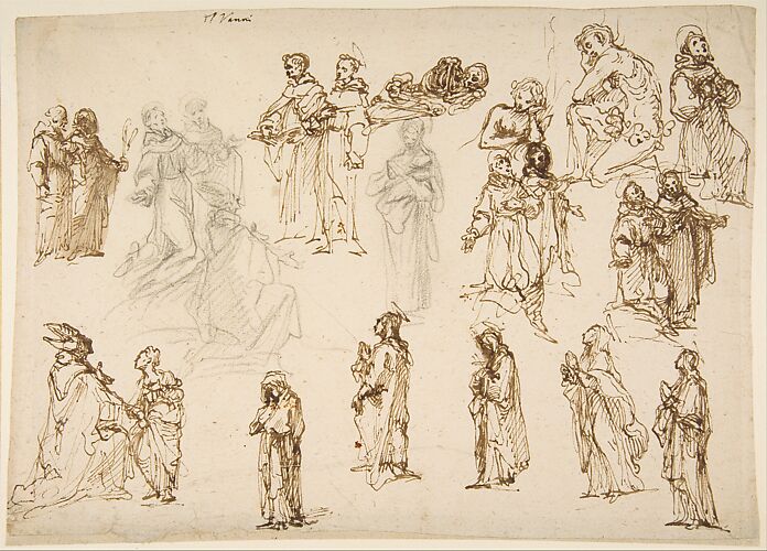 Figure Studies: Standing and Kneeling Clerics and Religious, Adam and Eve, and a Reclining Skeleton