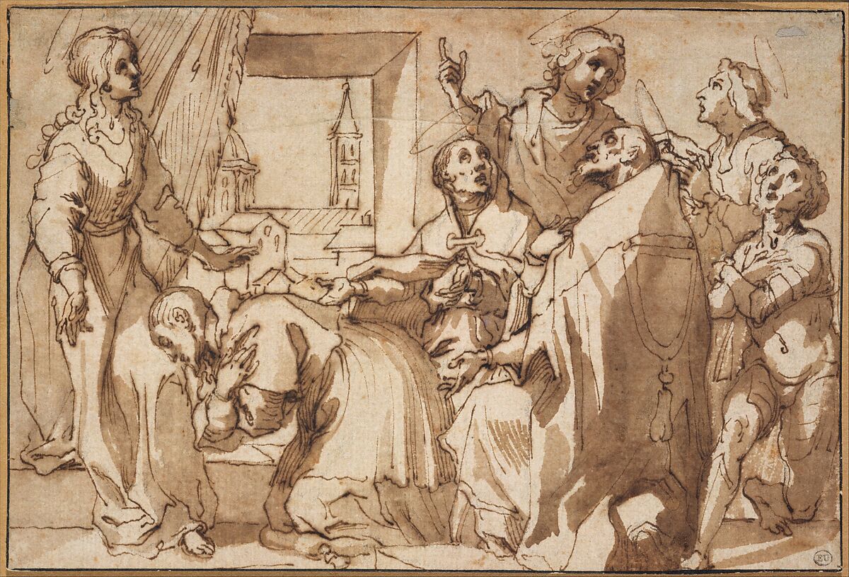 Cardinal Paolo Sfondrato Kneeling Before Saint Cecilia, Accompanied by other Saints, Attributed to Francesco Vanni (Italian, Siena 1563–1610 Siena), Pen and brown ink, brush and brown wash, over black chalk