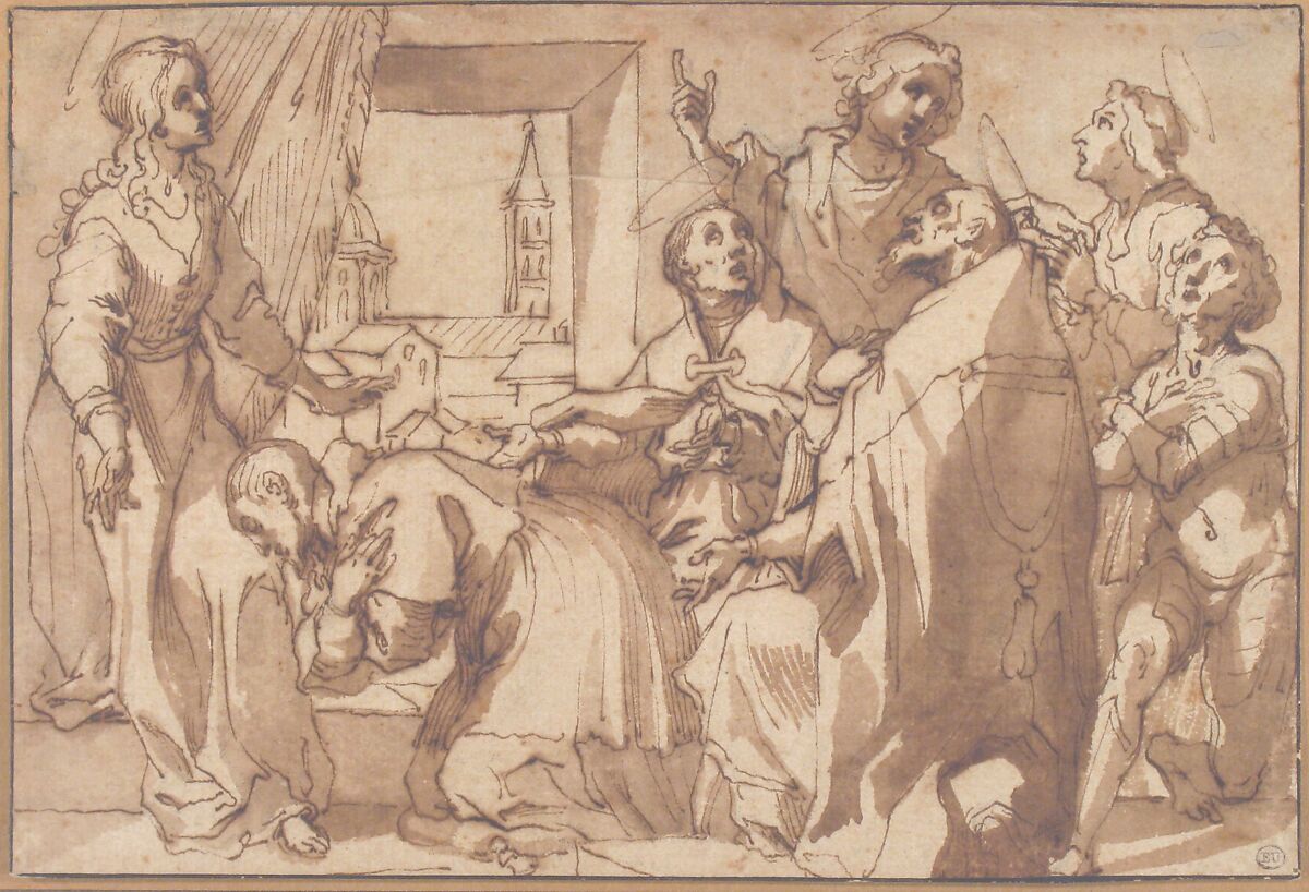 Cardinal Paolo Sfondrato Kneeling Before Saint Cecilia, Accompanied by other Saints, Attributed to Francesco Vanni (Italian, Siena 1563–1610 Siena), Pen and brown ink, brush and brown wash, over black chalk