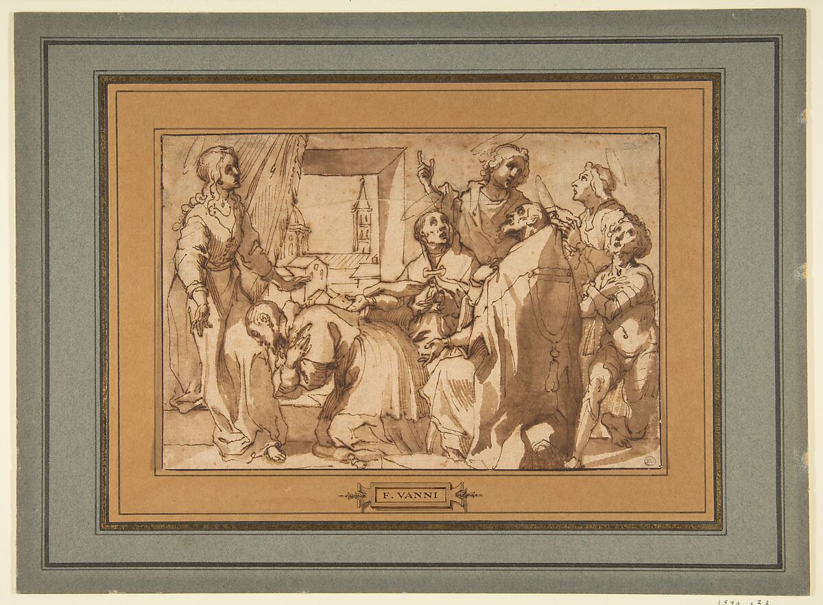 Cardinal Paolo Sfondrato Kneeling Before Saint Cecilia, Accompanied by other Saints, Attributed to Francesco Vanni (Italian, Siena 1563–1610 Siena), Pen and brown ink, brush and brown wash, over black chalk