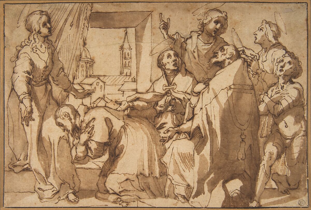 Cardinal Paolo Sfondrato Kneeling Before Saint Cecilia, Accompanied by other Saints, Attributed to Francesco Vanni (Italian, Siena 1563–1610 Siena), Pen and brown ink, brush and brown wash, over black chalk 