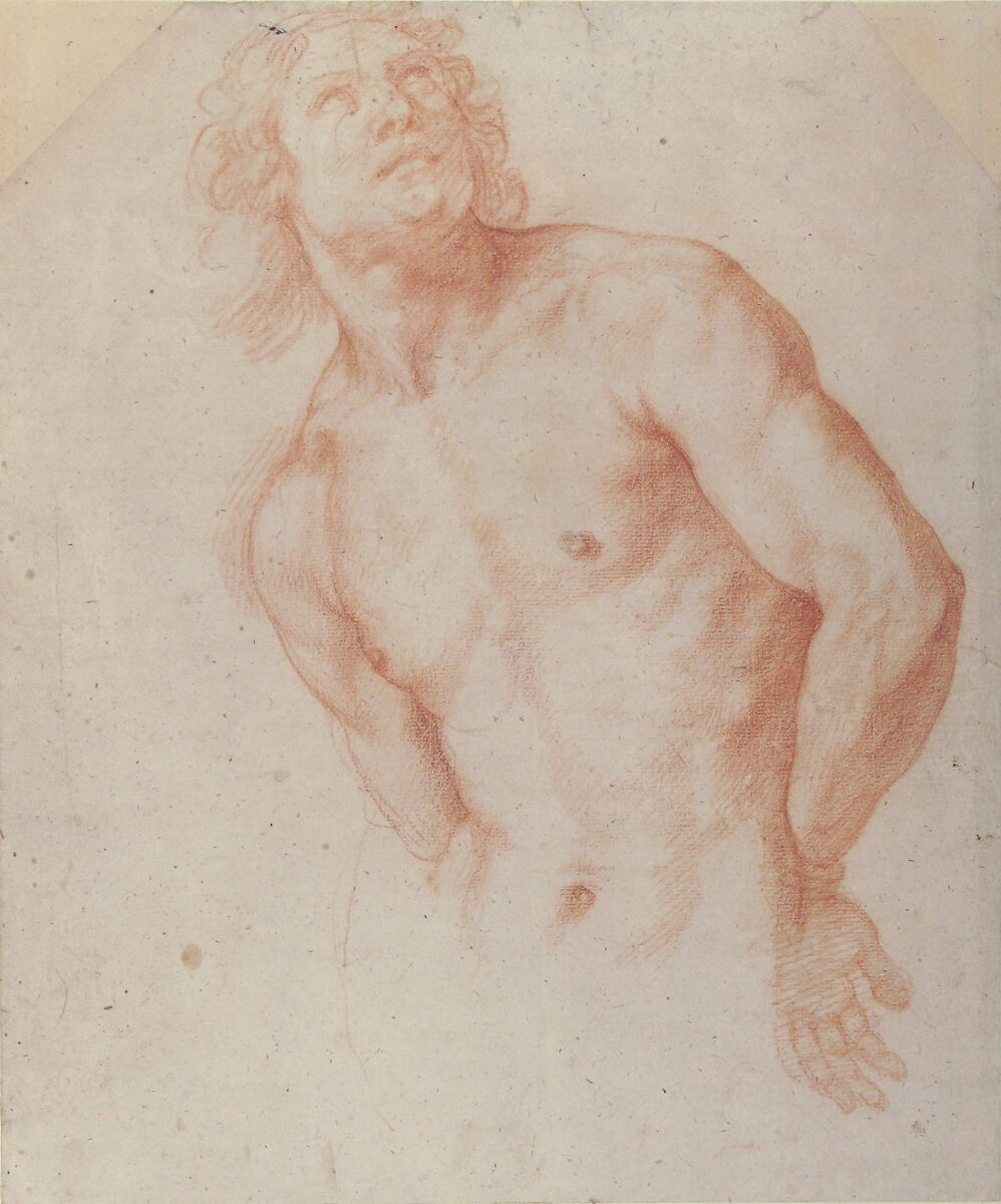 Half-Figure of a Male Nude with Arms behind Back, Ottavio Vannini (Italian, Florence 1585–1644 Florence), Red chalk on beige paper