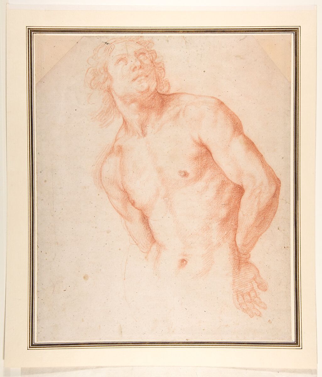 Half-Figure of a Male Nude with Arms behind Back, Ottavio Vannini (Italian, Florence 1585–1644 Florence), Red chalk on beige paper 