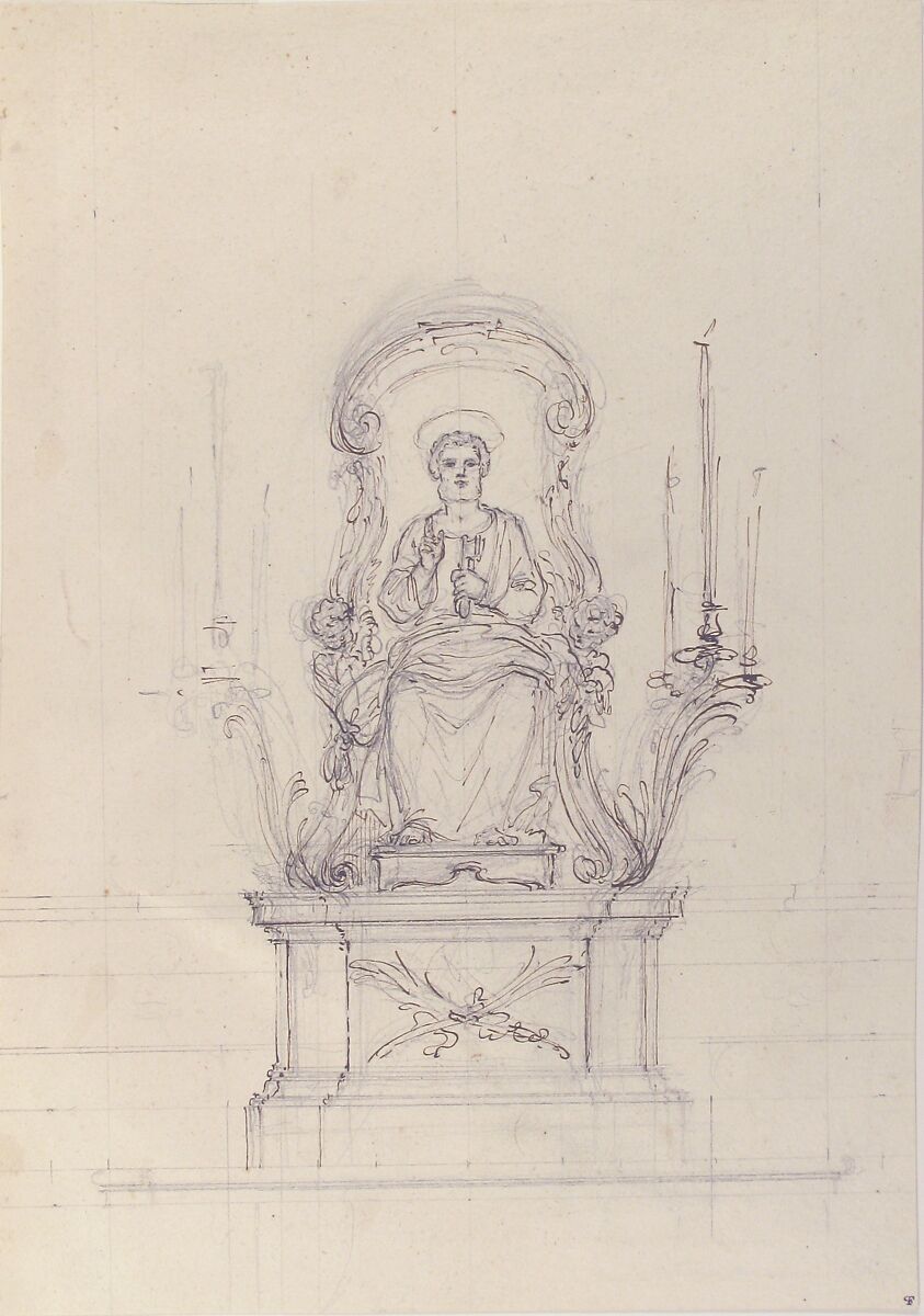 Saint Peter Enthroned, Luigi Vanvitelli (Italian, Naples 1700–1773 Caserta), Pen and brown ink, over graphite underdrawing and compass and ruled construction lines in pen and brown ink and graphite