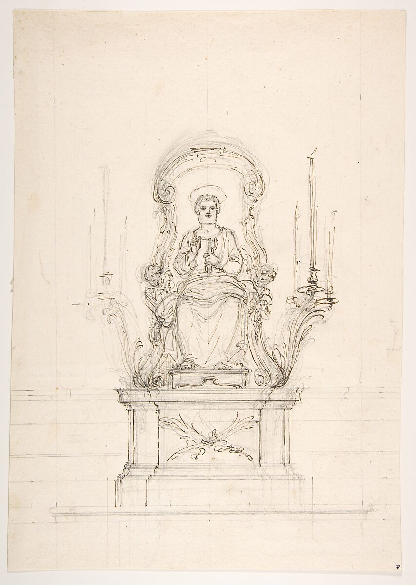 Saint Peter Enthroned, Luigi Vanvitelli (Italian, Naples 1700–1773 Caserta), Pen and brown ink, over graphite underdrawing and compass and ruled construction lines in pen and brown ink and graphite 