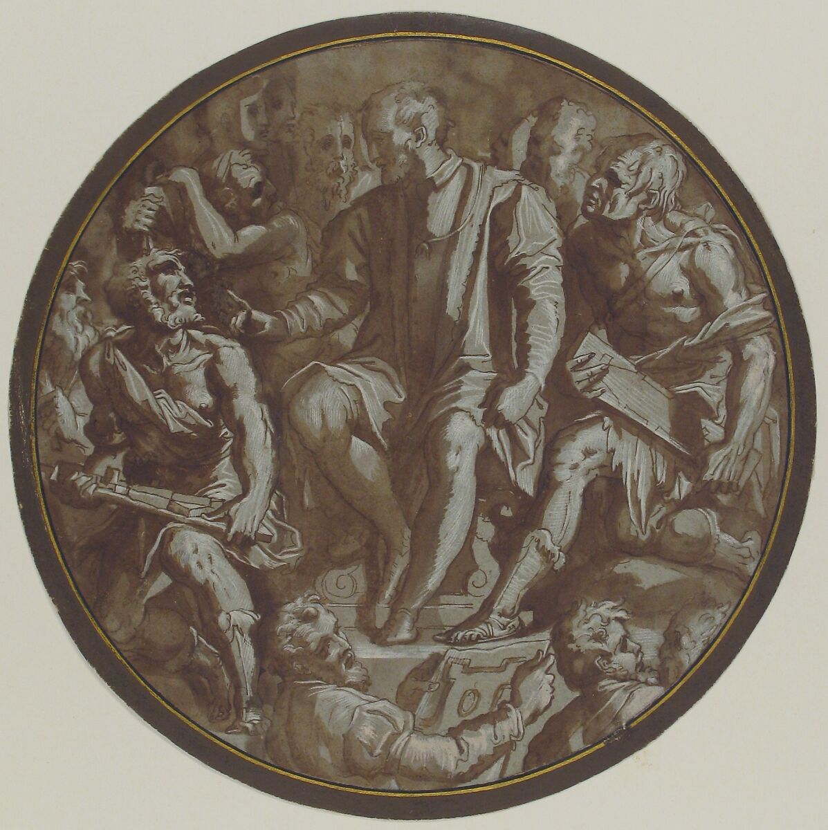 Grand Duke Cosimo I of Tuscany Surrounded by his Artists., Workshop of Giorgio Vasari (Italian, Arezzo 1511–1574 Florence), Pen and brown ink, brush and brown wash, highlighted with white gouache, over traces of black chalk or graphite, on gray-green paper