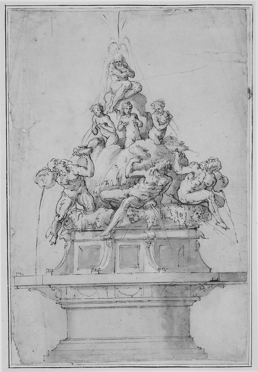 Design for a Fountain with Rivergods and Nymphs, Giorgio Vasari (Italian, Arezzo 1511–1574 Florence)  , workshop of, Pen with medium and dark brown ink, brush and gray wash, highlighted with white gouache, over graphite. Traces of framing outlines in pen with brown and black ink