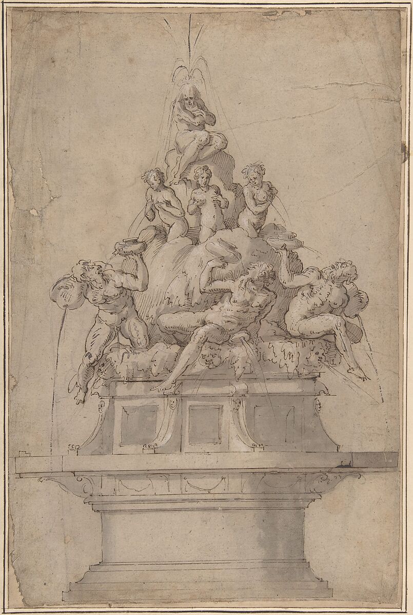 Design for a Fountain with Rivergods and Nymphs, Giorgio Vasari (Italian, Arezzo 1511–1574 Florence)  , workshop of, Pen with medium and dark brown ink, brush and gray wash, highlighted with white gouache, over graphite. Traces of framing outlines in pen with brown and black ink 