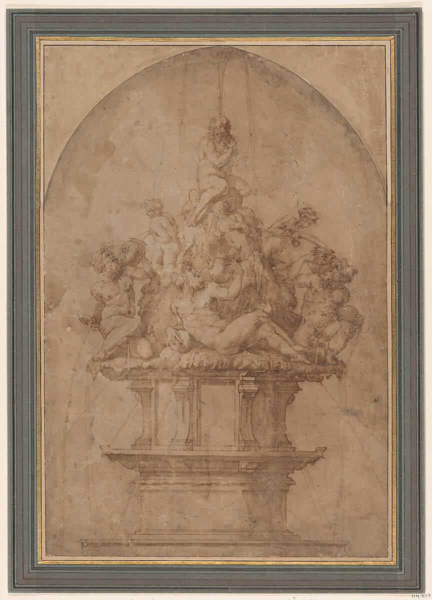 Design for a Fountain with River Gods and Nymphs, Giorgio Vasari (Italian, Arezzo 1511–1574 Florence), Pen and brown ink, brush and brown wash, over traces of leadpoint 