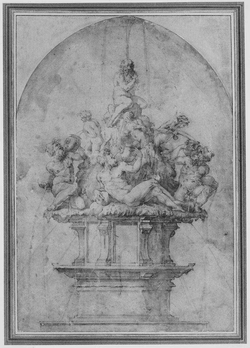 Design for a Fountain with River Gods and Nymphs, Giorgio Vasari (Italian, Arezzo 1511–1574 Florence), Pen and brown ink, brush and brown wash, over traces of leadpoint