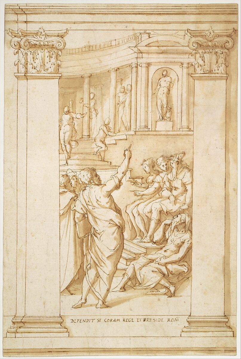 Saint Paul Speaking before King Agrippa (Acts 26), Giorgio Vasari (Italian, Arezzo 1511–1574 Florence), Pen and brown ink, brush and brown wash, over traces of black chalk