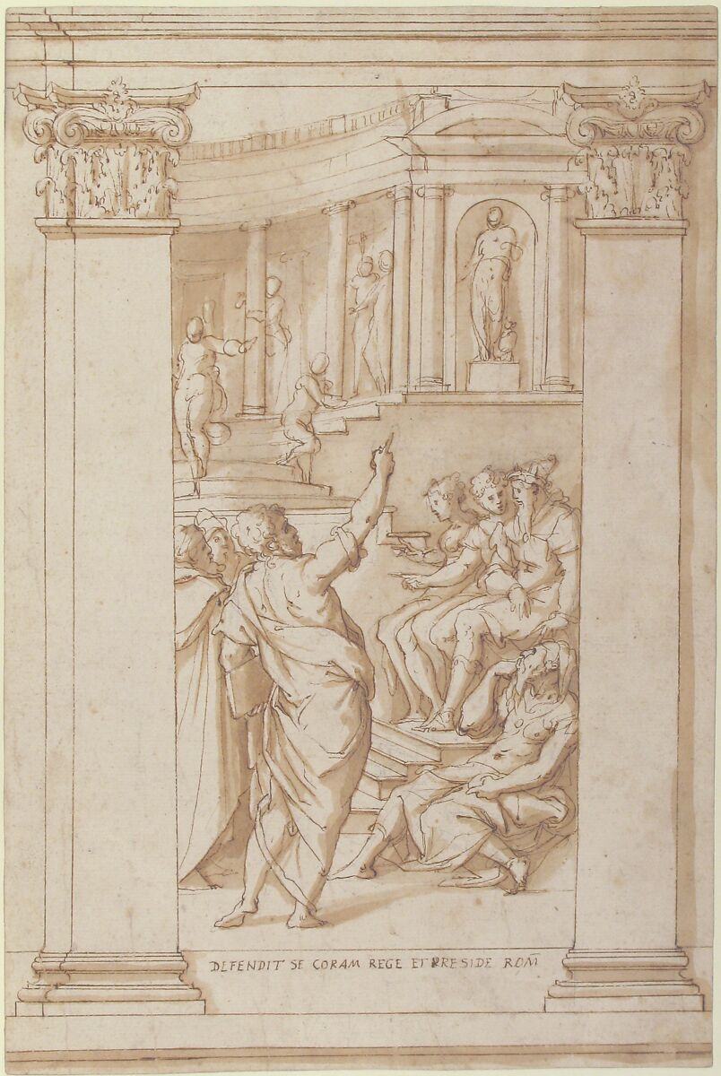 Saint Paul Speaking before King Agrippa (Acts 26), Giorgio Vasari (Italian, Arezzo 1511–1574 Florence), Pen and brown ink, brush and brown wash, over traces of black chalk