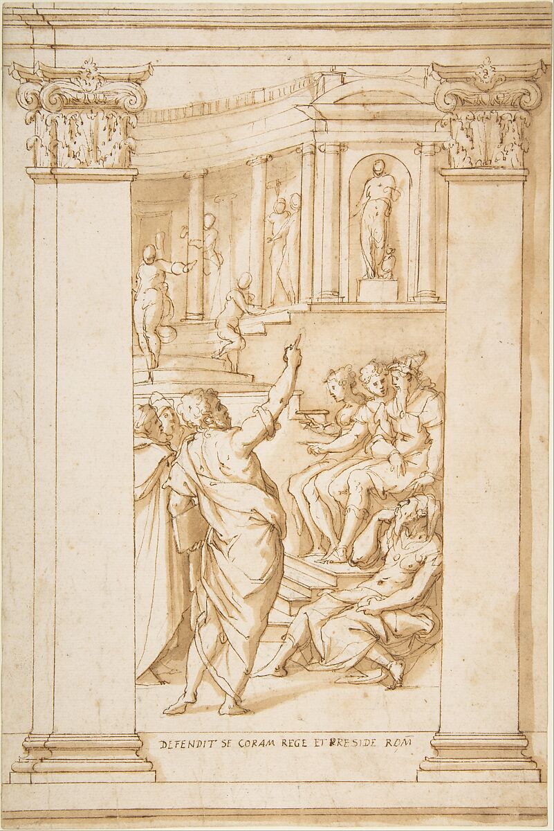 Saint Paul Speaking before King Agrippa (Acts 26), Giorgio Vasari (Italian, Arezzo 1511–1574 Florence), Pen and brown ink, brush and brown wash, over traces of black chalk 